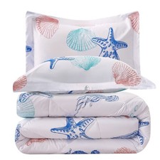 Beach Theme Kids Comforter Set Twin Size, Jellyfish Starfish Shell Printed Co...