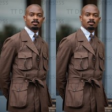 Vintage Men's Safari Jackets with Belt Casual Outdoor Sport Wear Hunting Coats