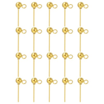 20Pcs Ball Post Stud Earrings, 16x4mm Round Ear Pin with Vertical Loop, Gold