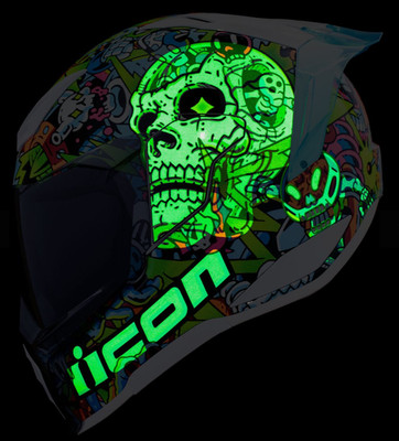 ICON ULTRAFLITE DOODLE MOTORCYCLE HELMET GLOW-IN-THE-DARK + SMOKE SHIELD 2XLARGE