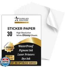 Supplies Masters, 30 Glossy Sticker Sheets 8.5 x 11", Printable Glossy High R