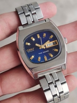 RARE Camy Geneva Time Square Automatic Blue Dial Vintage Swiss Watch ETA 2789