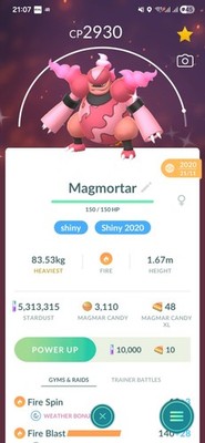Shiny Magmortar ( Caught In 2020 ) ( Level 40 ) ( 3 Moves ) Pokemon Tr@de Go