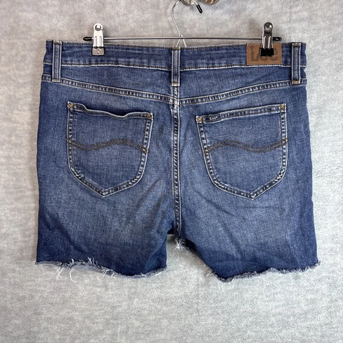 Lee Women Cut Off Denim Shorts 16 34x4Mid Rise Raw Hem Whiskered Med Wash VTG - Picture 6 of 15