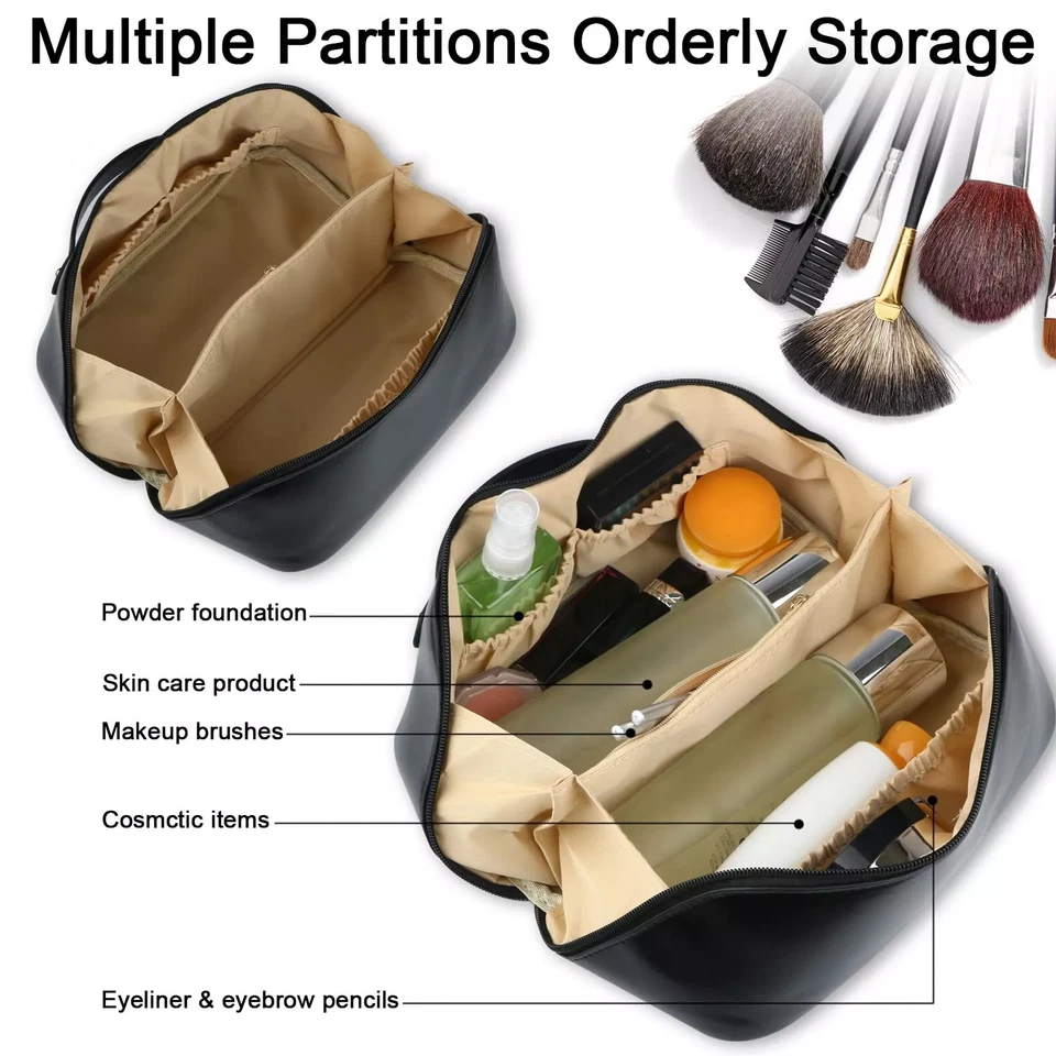 Bolsas de maquillaje de gran capacidad bolsas de cosméticos de viaje portátiles bolsa de artículos de tocador plana abierta Foto 3 de 4