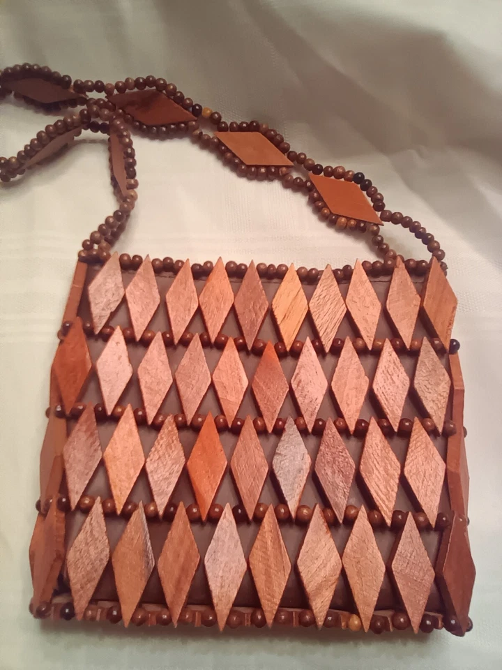 Винтажный 1970-х деревянные бусины бриллиант в форме дерева над искусственной кожи коричневая молния - Изображение 3 из 4