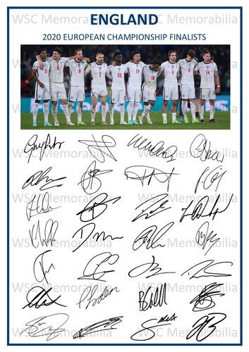 12646. England Euro 2020 Signed Team Picture Sheet (PRINTED AUTOGRAPHS A4) Final