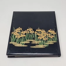 Vintage Asian Black Lacquer Photo Album Floral Gold Accent Holds 80 Pictures