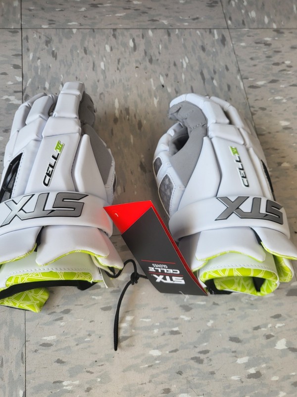 STX Cell VI Lacrosse Gloves Size Large Adult White and Green