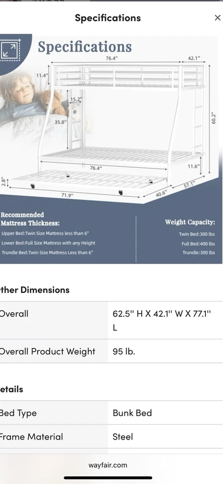 Litera completa doble con tercera cama nido extraíble para niños Foto 4 de 4