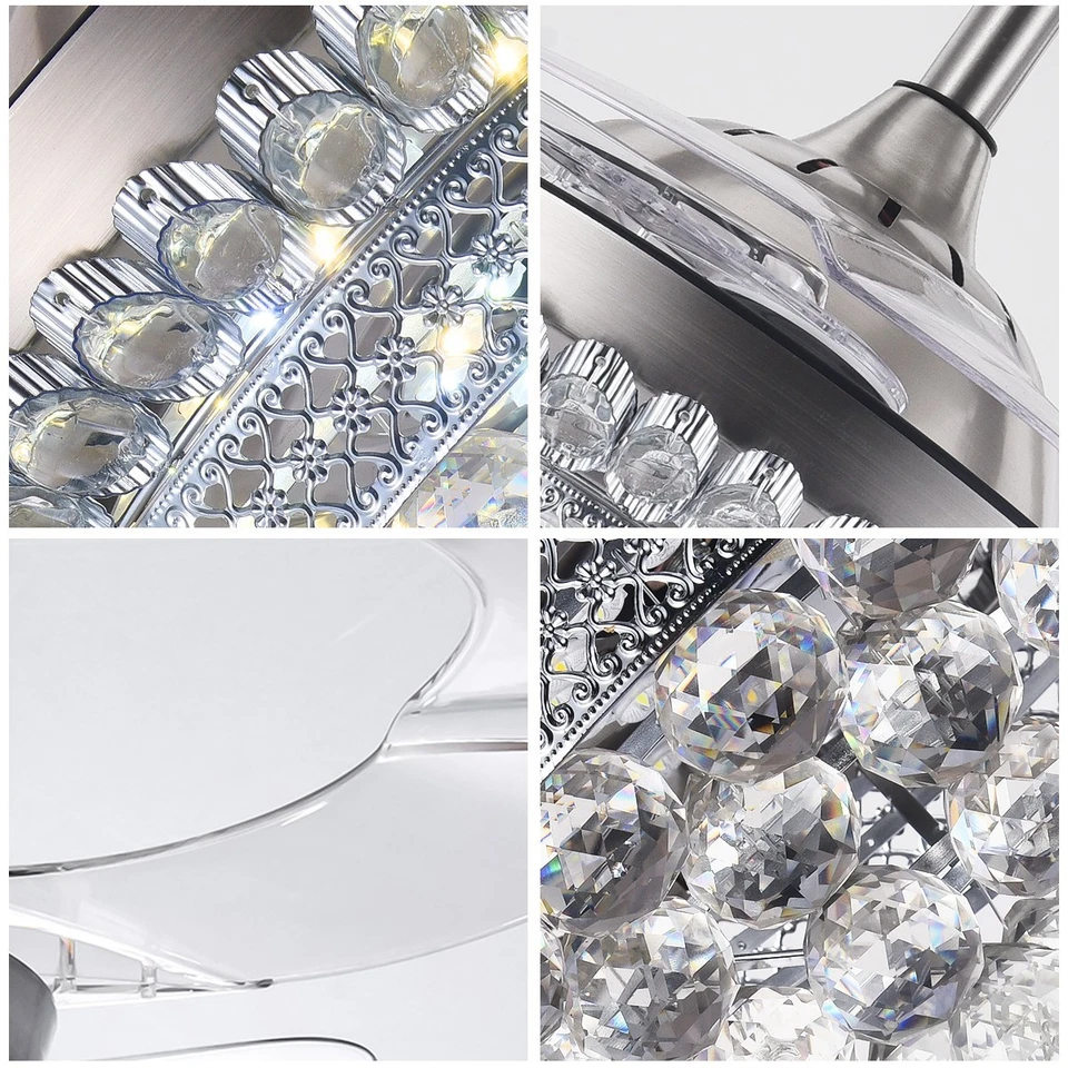 42" Chrome Invisible Ceiling Fan 3-Color Light Crystal Chandelier Remote 3 Speed - Image 4 of 4