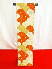 Japanese Kimono Obi 'FUKURO OBI' Silk/Gold/Silver/Orange/ Flower/Vintage N0276