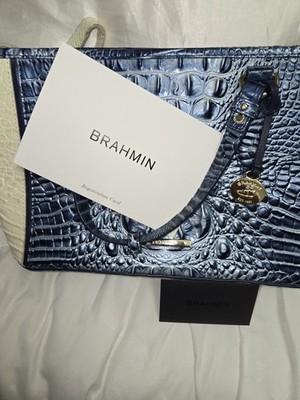 Brahmin Melbourne Croc-Embossed Shoulder Bag, Blue/Beige, Zip, Gold, Charm