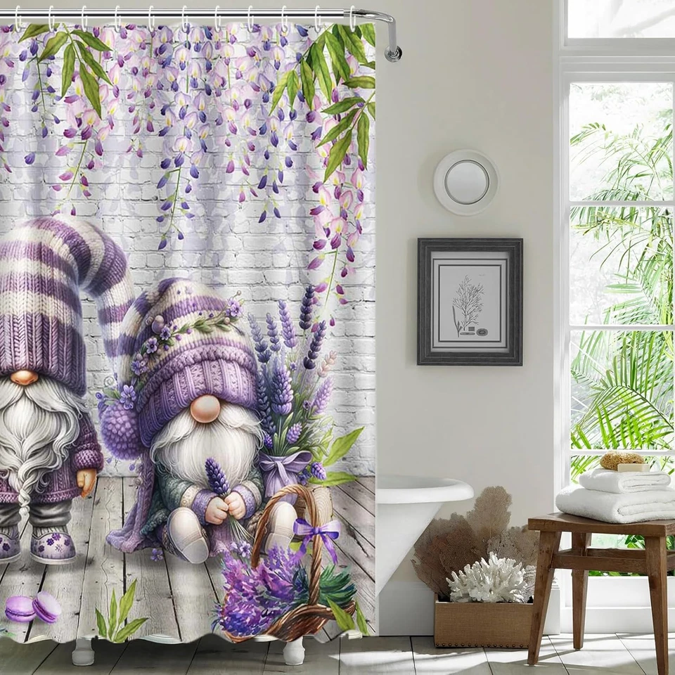 Cortina de Ducha Lavanda Púrpura Gnomo Floral Impermeable Tela Cortina de Baño 72x72 Foto 2 de 4