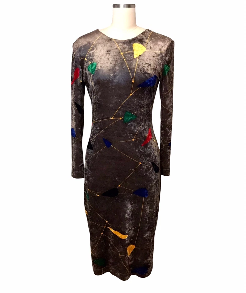 Vestido De Colección Años 90 Versace Couture Terciopelo Aplastado Estampado Alexander Calder Leer Talla 6 Foto 2 de 4