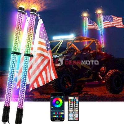 2Pcs 3FT RGB LED Fat Whip Light + Strobe Lights For Jeep Offroad Truck UTV ATV