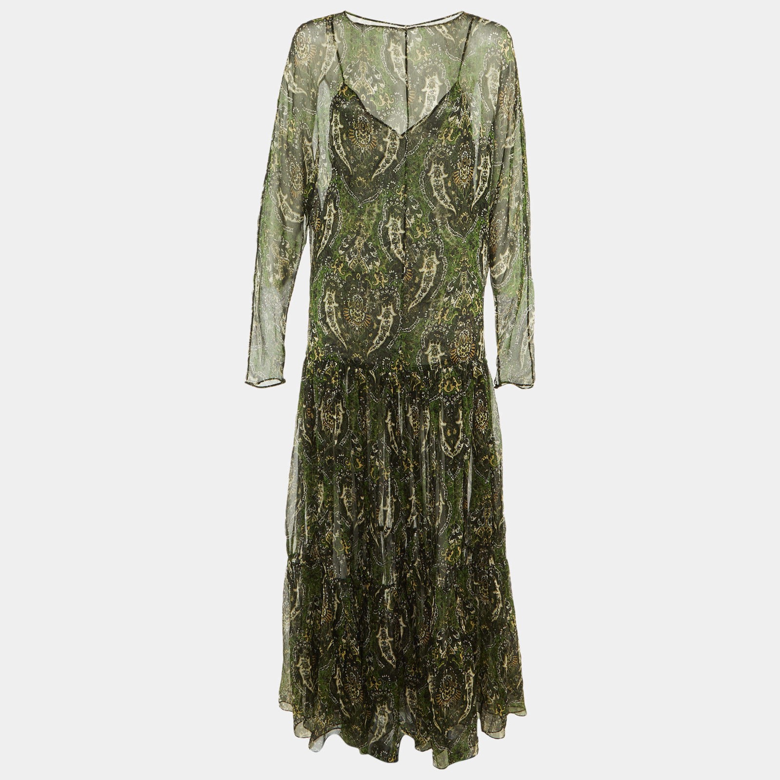 Saint Laurent Paris Green Paisley Print Silk Sheer Maxi Dress M