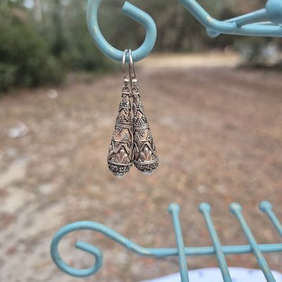 Vintage Bali Style 925 Sterling Silver Teardrop Dangle Earrings