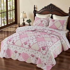 Pink Patchwork Quilt Set Queen Size Reversible Quilted Bedspread Coverlet Set