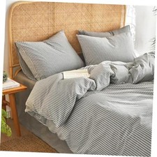 - Striped Cotton Duvet Cover Set, 100 Washed Cotton Textured Queen Grey