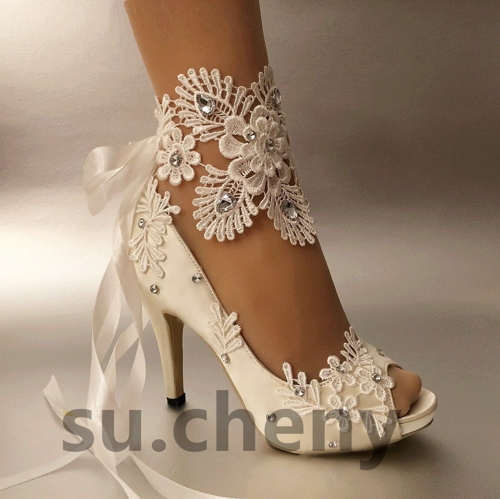 su.cheny- 3" 4” heel white ivory satin lace ribbon open toe Wedding Bridal shoes