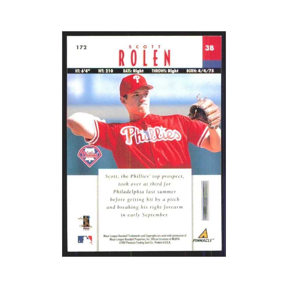 1997 Pinnacle Scott Rolen Phillies #172 - Image 2 of 3