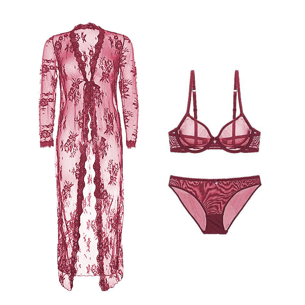 Women Sexy Lingerie Set Lace Robe See Through Bra and Panties and