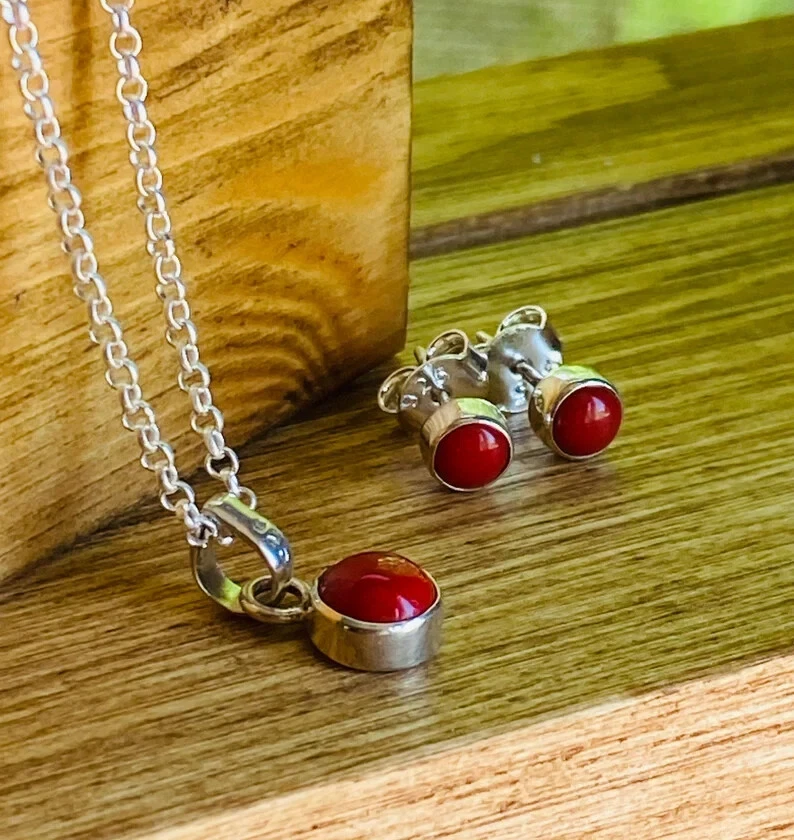 925 Argento Sterling Gioielli Set Creato IN Laboratorio Rotondo Rosso Corallo - Immagine 4 di 4