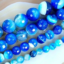 Faceted 6/8/10/12mm Blue Stripe Banded Agate Gemstone Round Loose Beads 15"