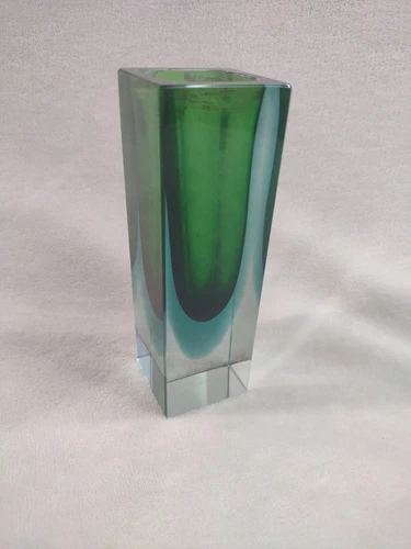 Vintage Murano Sommerso Green & Blue Cased Small Glass Vase 4-3/4" x 1-1/2"
