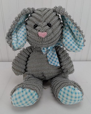 HugFun Gray Corduroy Bunny Rabbit Plush 12'' Stuffed Animal Blue White Checkered