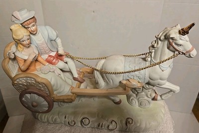 Unicorn Drawn Carriage Vintage 1985 F.E.I Inc Statue Loving Couple Fantasy Date