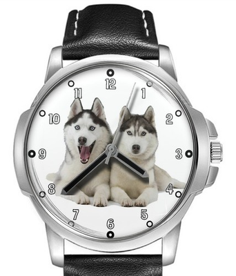 #ad #ad Dog Collection Two Siberian Huskies Leather Strap Big Dial Gift Wrist Watch GBP 33.97