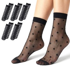 5 Pairs Women Sheer Ankle Socks, Black Sheer Polka Dot Socks, Thin Soft