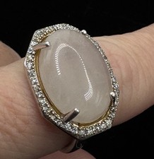 Chunky Oval Rose Quartz Ring w Crystal Halo Sterling Marks RJ 9  925 Size 9