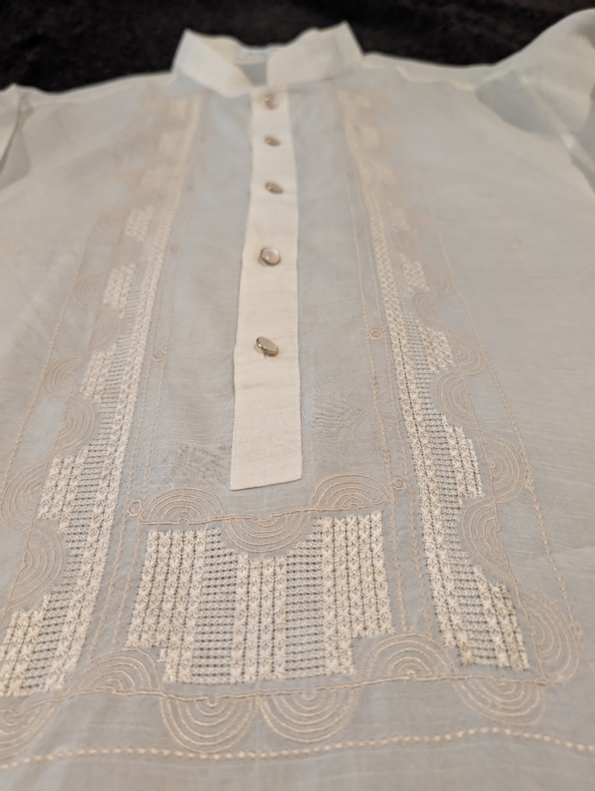 Impresionante Camisa Filipina Barong Vintage Seda Organza Bordada XL