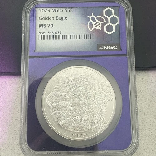 2025 Malta S5E Golden Eagle 1oz Silver NGC MS70 Purple Core Beautiful Coin
