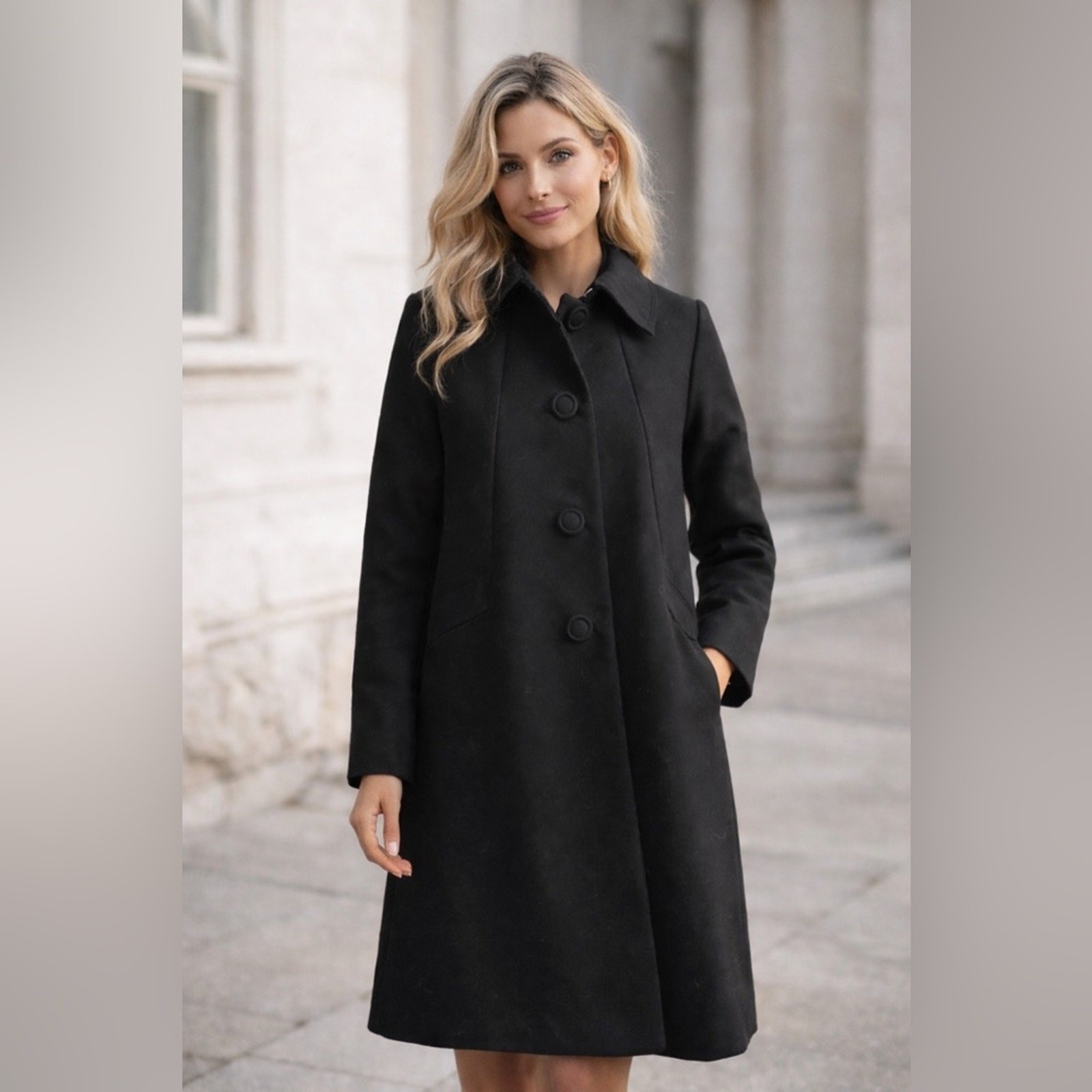 Classic Black Wool Coat | Knee Length Tailored Button Front Outerwear