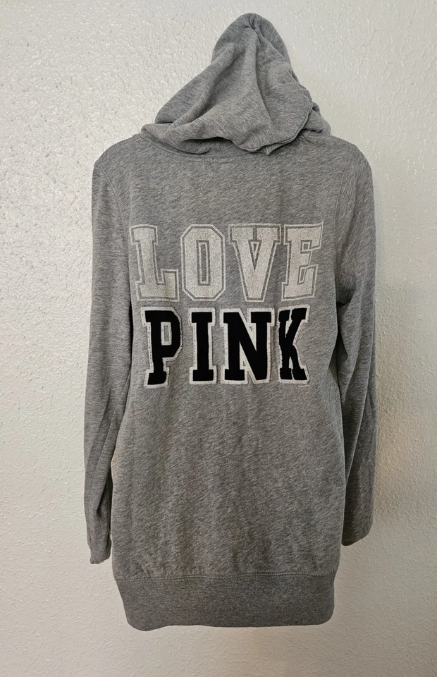 Victoria Secret ROSA Sudadera con Capucha Mujer Talla M Gris Canguro Bolsillo AMOR ROSA Foto 3 de 4