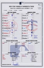 New York Yankees Game-Used Lineup Card vs. Minnesota Twins on September 17, 2025 New York Yankees Game-Used Lineup Card vs. Minnesota Twins on September 17, 2025