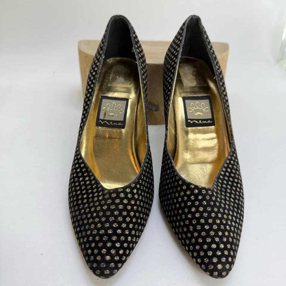 Zapatos de salón Nina vintage de los años 80 negros dorados a lunares talla 6,5 M suela de cuero de Taiwán Foto 3 de 4