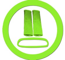 4pc Set Lime Green Steering Wheel Cover 2 Seat Belt Cover Rear Mirror Cover