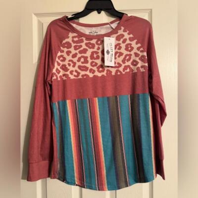 Crazy Train Brand Size Small Top Leopard Print And Stripes Long Sleeves Top