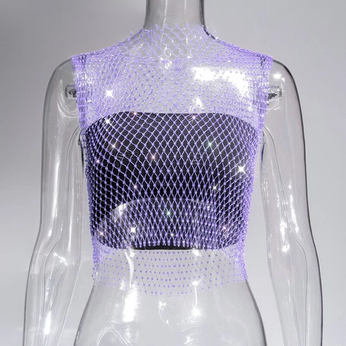 Rhinestones See-through Women Fishnet Tank Top Sexy Vest Mesh Crop Tops Babydoll - Picture 24 of 31