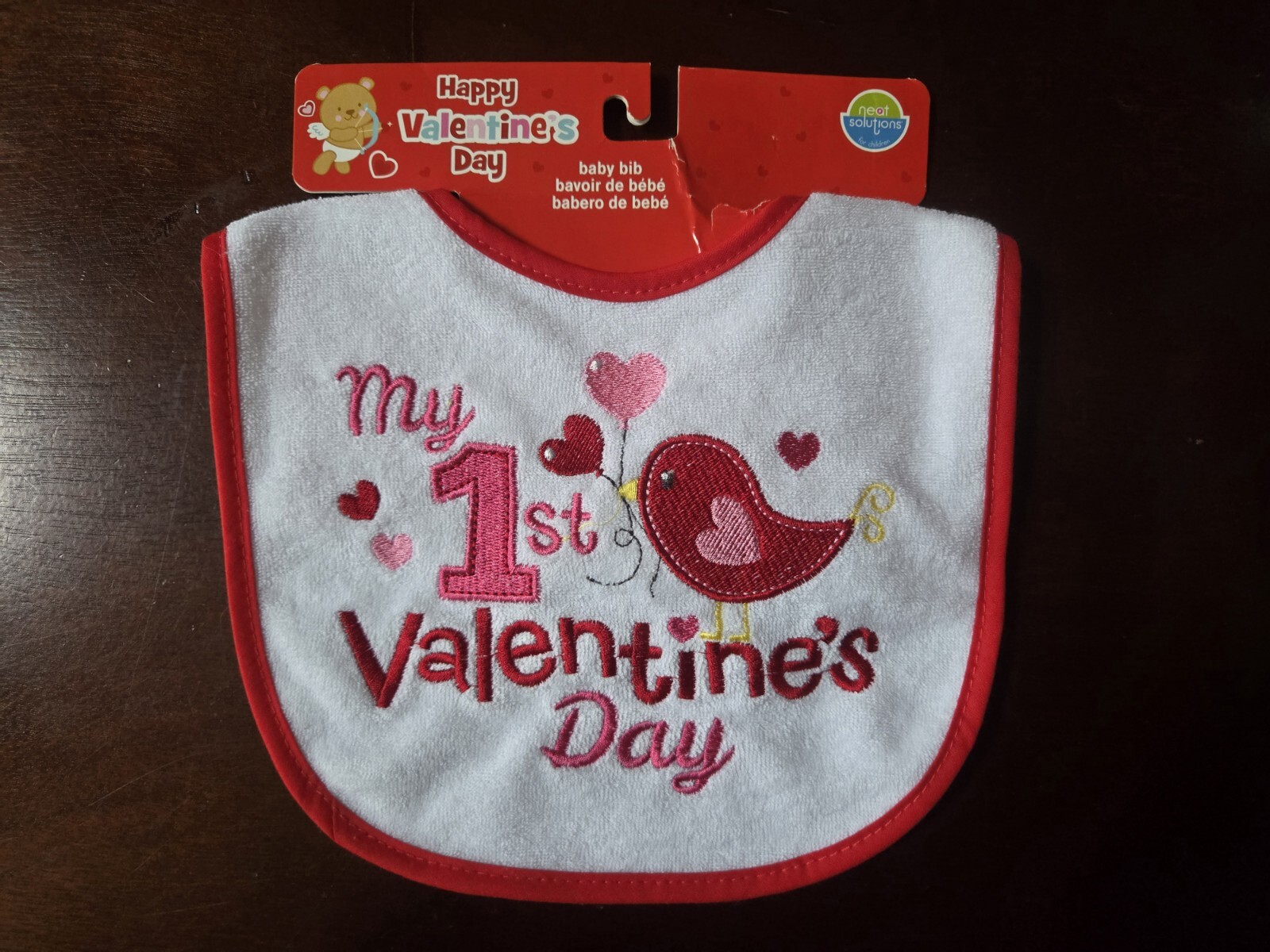 NWT Neat Solutions One Size My 1st Valentine's Day white red pink cloth baby bib