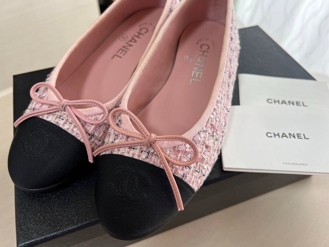 美品シャネル ツイード バレエシューズ ピンク 34C Chanel Ballet Shoes Pink Tweed With Coco Mark Size 36C US