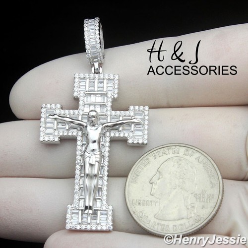 925 STERLING SILVER ICY BLING BAGUETTE CZ 3D JESUS CHRIST CROSS PENDANT ...