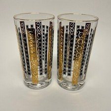 MCM Highball Glasses Black Gold 22K Trim 10oz - 5”H x 2 5/8”W VTG BARWARE