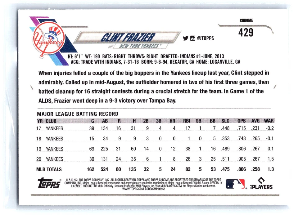 2021 Topps Sapphire Refractor Parallel #429 Clint Frazier New York Yankees - Image 2 of 2