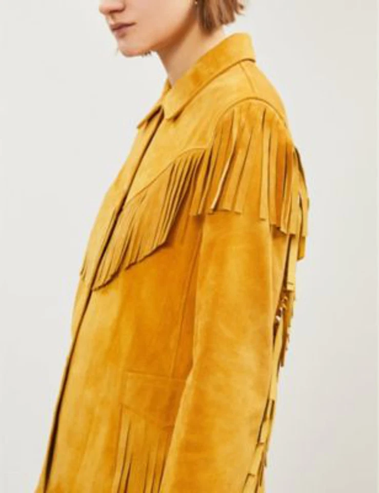 Yellow Fringe Leather Jacket Women Suede Studded Custom Made Size S M L XL XXL - Image 4 of 4